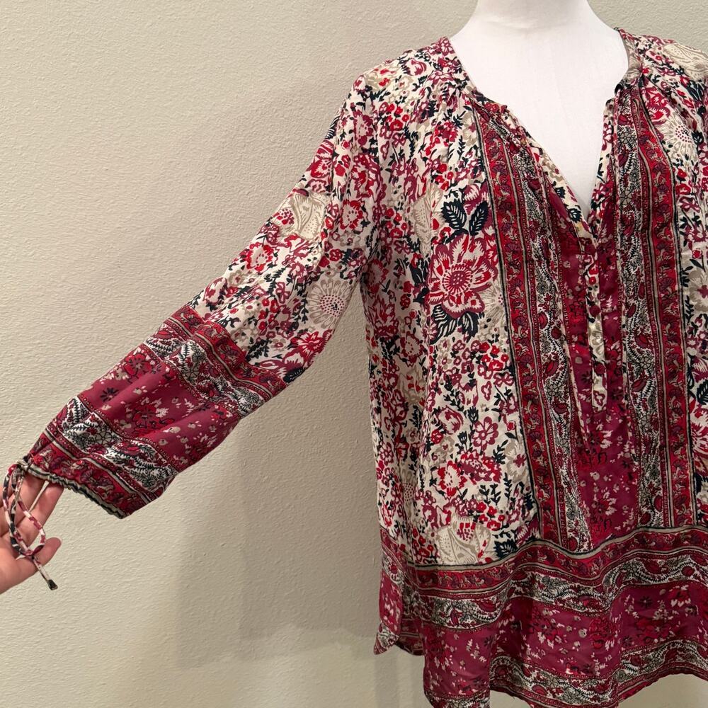 Lucky Brand Boho Red Cream Floral Tunic Top Peasant Blouse Medium Flowy Folk - Picture 6 of 9